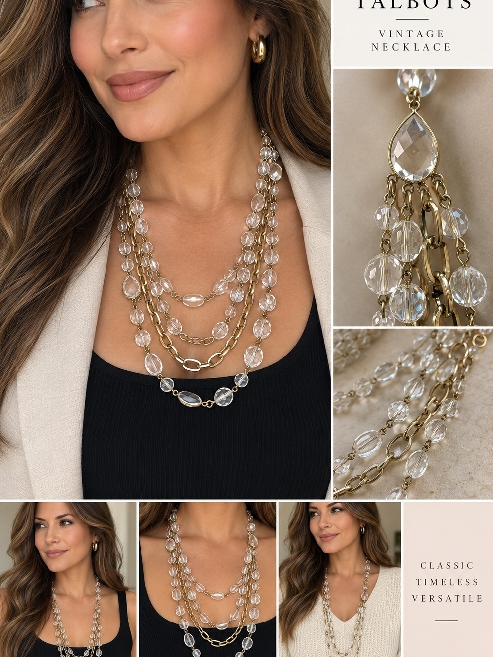 Talbots Clear Crystal and Gold-Tone Multi-Strand Statement Necklace